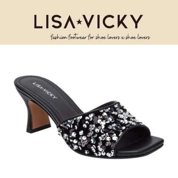 LISA & VICKY (Nordstrom) - NIB - L Sz 6 "Pretty-V" Sequin Slide/Platinum & Black - Picture 1 of 14